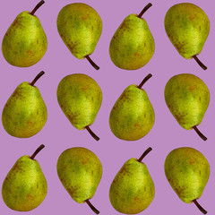 Realistic pears on a purple background. Fruit seamless pattern