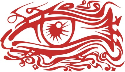 Red wavy eye symbol in fish form. Abstract unusual eye for tattoo, decoration, embroidery, etc. Red on White