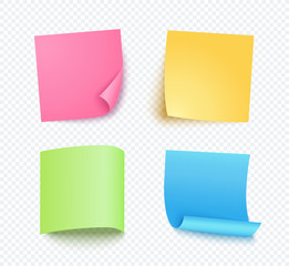 Note sheet of paper set with different shadow. Colored blank post for message, to do list. Set of pink, yellow, blue and green vector sticky notes isolated on transparent background.