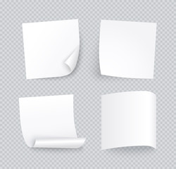 White note sheet of paper set with different shadow. Blank post for message, to do list. Set of four vector sticky notes isolated on transparent background.