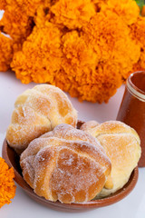 Cempazuchitl flowers, dead bread and Mexican skull for the day of the dead in Mexico
