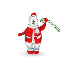 Christmas and New Year Greeting Card with Cute Polar Bear in Santa Claus Outfit. Illustration on White Backdrop
