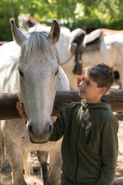 Niño con su mejor amigo, su caballo blanco. 