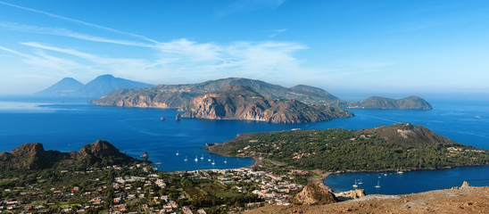 panoramic view of vulcano and lipari aeolian islands, italy
