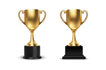 Vector 3d Blank Golden Champion Winner Cup Icon Set Closeup Closeup Isolated on White Background. Design Template of Championship Trophy. Sport Tournament Award, Winner Cup and Victory Concept