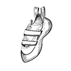 Hand drawn rock climbing shoes. Sketch illustration on white background.