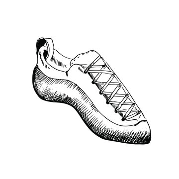 Hand drawn rock climbing shoes. Sketch illustration on white