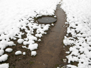 Heat supply in the winter season. Heat loss in the street. Part of the land has thawed from the...