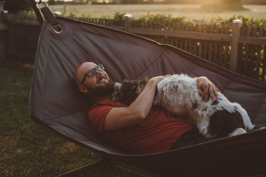Man relaxing in hammock with dog