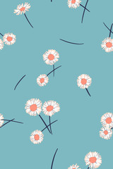 Daisies background. Small daisy flowers seamless pattern. Gentle floral illustration. Trendy flat drawing. Good for textile, fabric, wallpaper, bedding, clothes, wrapper, surface