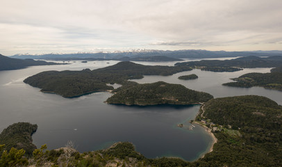 Aerial view of the landscape in San Carlos de Bariloche. Nature and lakes of Patagonia. Nahuel Huapi National Park, Argentina, Patagonia.