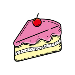 Slice of cake vector illustration with colored hand drawn style isolated on white background 