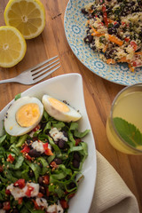 Healthy vegetarian food, vegetables, protein and carbohydrates.