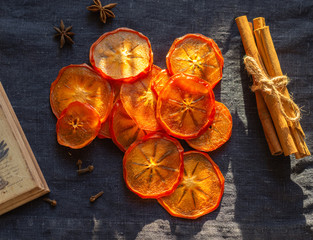 A lot of dried orange persimmon flatlay