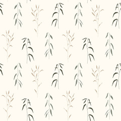 Seamless floral pattern in vintage style. Leaves and plants. Botanical illustration. Hand drawn vector pattern for card, poster, flyer, home decor, fabric and textile