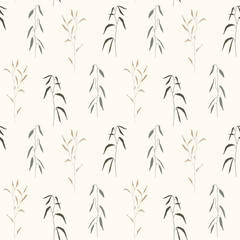 Fototapeta premium Seamless floral pattern in vintage style. Leaves and plants. Botanical illustration. Hand drawn vector pattern for card, poster, flyer, home decor, fabric and textile