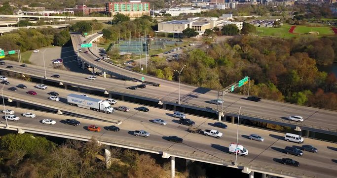 Aerial Timelapse of Mopac Traffic and Downtown Austin