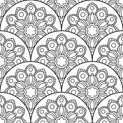 Abstract mandala fish scale seamless pattern. Ornamental tile, mosaic background. Floral patchwork infinity card. Arabic, Indian, ottoman motifs. Vector illustration.   