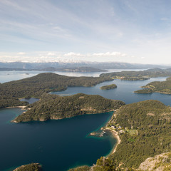 Fototapeta premium Aerial view of the landscape in San Carlos de Bariloche. Nature and lakes of Patagonia. Nahuel Huapi National Park, Argentina, Patagonia.