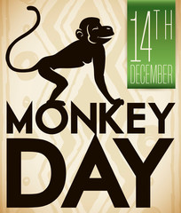 Tribal Pattern, Primate Silhouette and Label for Monkey Day Celebration, Vector Illustration