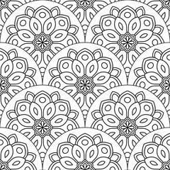 Abstract mandala fish scale seamless pattern. Ornamental tile, mosaic background. Floral patchwork infinity card. Arabic, Indian, ottoman motifs. Vector illustration.   