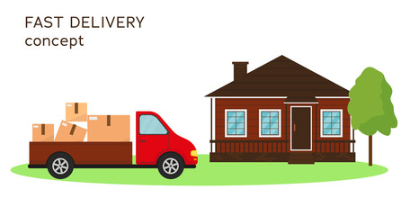 Obraz na płótnie Canvas Delivery van and house with tree. Vector illustration.
