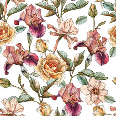 Floral seamless pattern with watercolor irises, roses and narcissus. Background with spring flowers