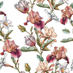 Floral seamless pattern with watercolor irises, tulips, narcissus and white flowers. Background with spring flowers