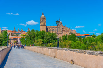 Roman bridge leading to the Salamanca cathedral, Spain