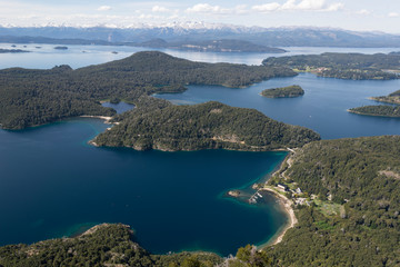 Obraz premium Aerial view of the landscape in San Carlos de Bariloche. Nature and lakes of Patagonia. Nahuel Huapi National Park, Argentina, Patagonia.
