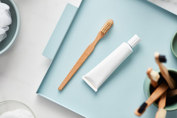 Natural toothbrush with paste tube on tray