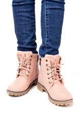 demi-season, women's shoes, pink, on the feet in jeans, white background, laces, laced