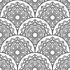 Abstract mandala fish scale seamless pattern. Ornamental tile, mosaic background. Floral patchwork infinity card. Arabic, Indian, ottoman motifs. Vector illustration.   