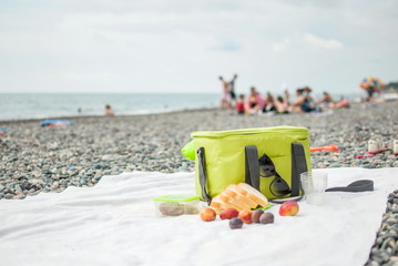 A picnic bag and food on the coverlet