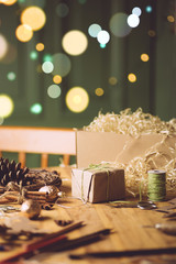 Zero waste Christmas, eco background with gifts. Craft paper and wood. Xmas and New Year composition