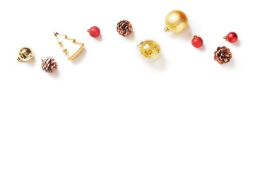 Christmas Ornament, New Year decoration. Gold, red baubles and pine cones on a white background. Mockup, free space for text