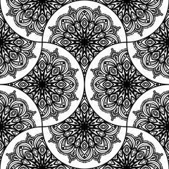 Abstract mandala fish scale seamless pattern. Ornamental tile, mosaic background. Floral patchwork infinity card. Arabic, Indian, ottoman motifs. Vector illustration.   