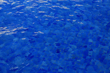 The background is blue clear water in the pool with waves and glare of light