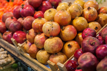 Fruit market with various colorful fresh fruits and vegetables