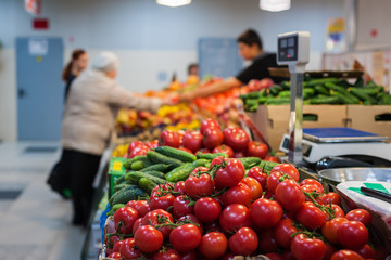 Fruit market with various colorful fresh fruits and vegetables