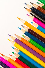 Obraz premium Background of stationery items notepad pencils shot closeup.