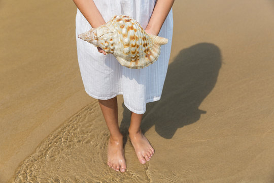 A young girl holding a seashell in her hands on a beach