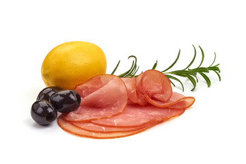 Sliced Smoked Ham sausage, isolated on white background