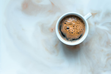 coffee white cup milk background streak foam smoke black one cappuccino inside copy space