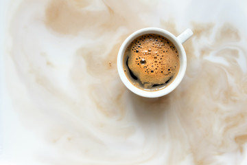 coffee white cup milk background streak foam smoke black one cappuccino inside copy space