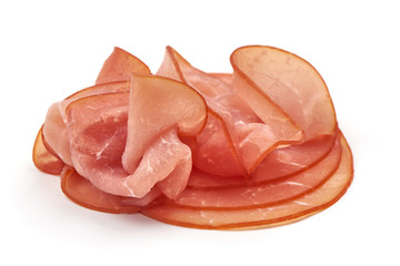 Sliced Smoked Ham sausage, isolated on white background