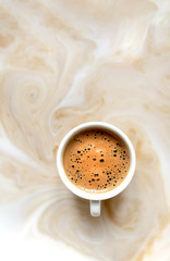 coffee white cup milk background streak foam smoke black one cappuccino inside copy space