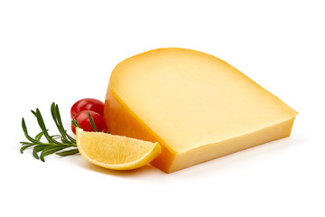 Hard Dutch gouda cheese, isolated on white background
