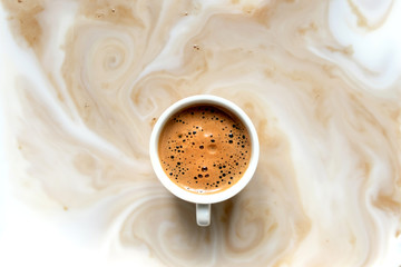 coffee white cup milk background streak foam smoke black one cappuccino inside copy space