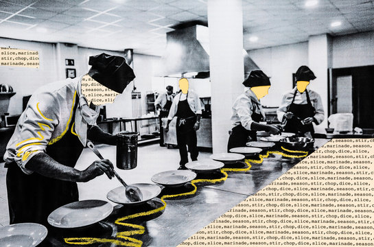 Naklejki Collage of anonymous chefs plating up